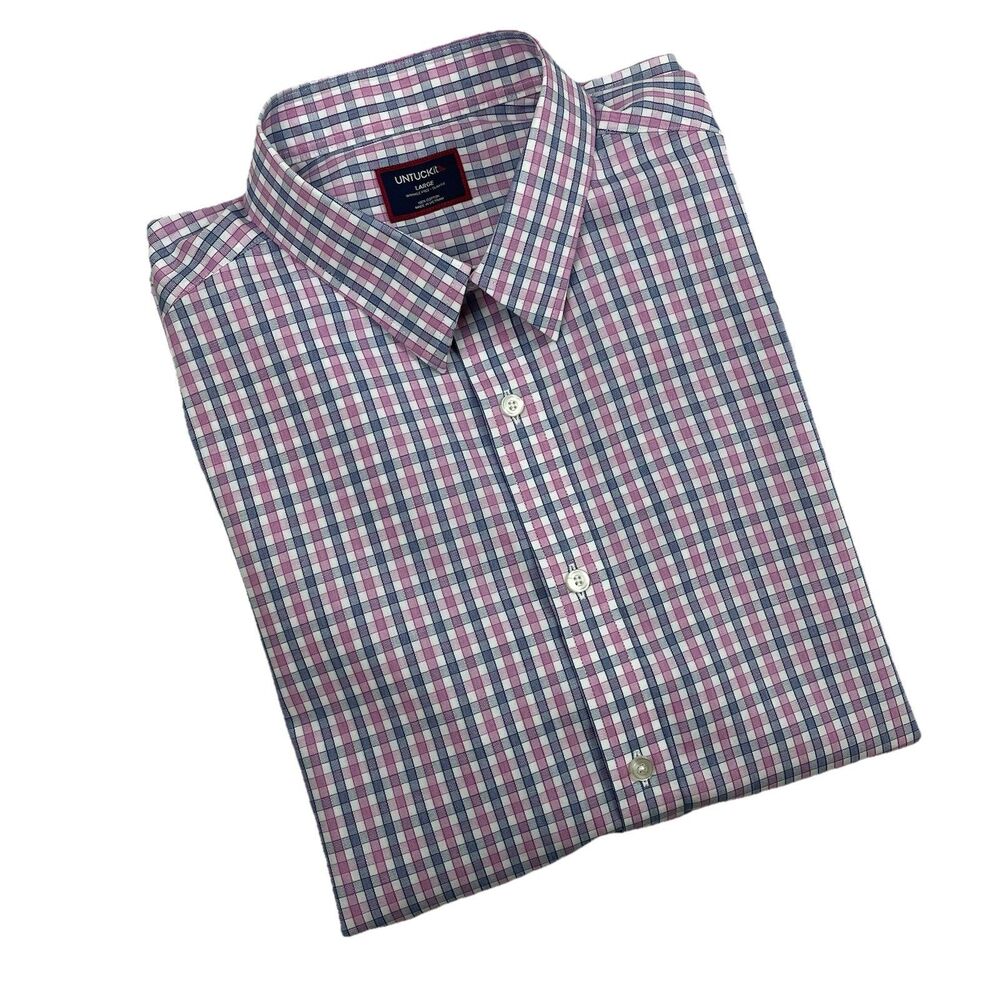 UNTUCKit Mens Long Sleeve Button Up Plaid Check Shirt Blue Pink-L